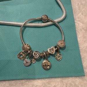 Pandora bracelet in silver with gold and silver charms